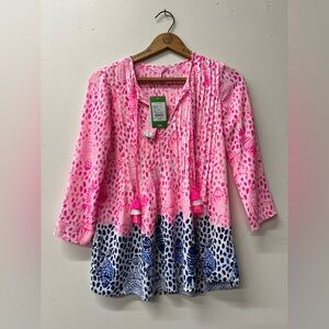 Lilly Pulitzer Marilina Tunic tasseled Top in Raz Berry Heart & Sole Engineered